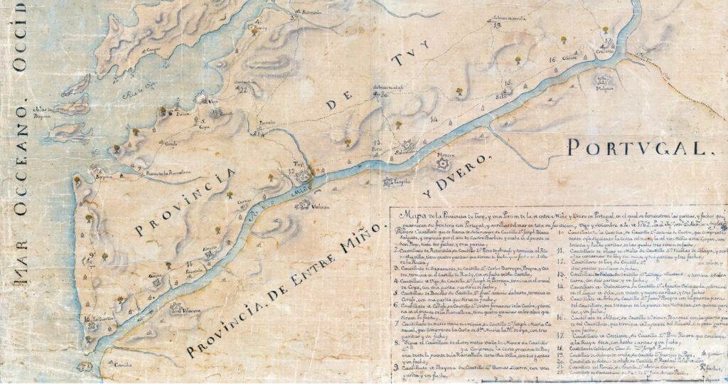 Mapa da antiga provincia de Tui entre Douro e Miño onde veñen sinalados as garitas e fachos D. Alexandro de Anglés, 1762 © Centro Geográfico del Ejercito